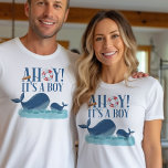 Camiseta Ahoy, é uma Revelação de Gênero de Baleias-do-Ocea<br><div class="desc">Ahoy, é uma camiseta temática "Boy ocean" para revelação de gênero, anúncio de nascimento, chá de fraldas, gole e ver, etc. "Ahoy! é um menino" é escrita em tipografia decorativa com uma boia e telescópio do capitão. A design de baleia feliz é uma aquarela fofa de mamães e baleias bebês...</div>