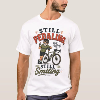 Camiseta Ainda Pedalando, Velho Sorridente Andando de Bicic