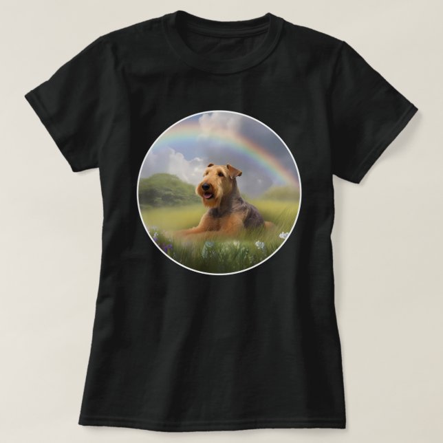 Camiseta Airedale Terrier Rainbow Bridge Cuja Cachorada Cac (Frente do Design)