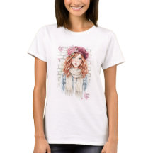 Camiseta Ajustada Feminina de Arte de Menina em Aq