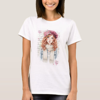 Camiseta Ajustada Feminina de Arte de Menina em Aq