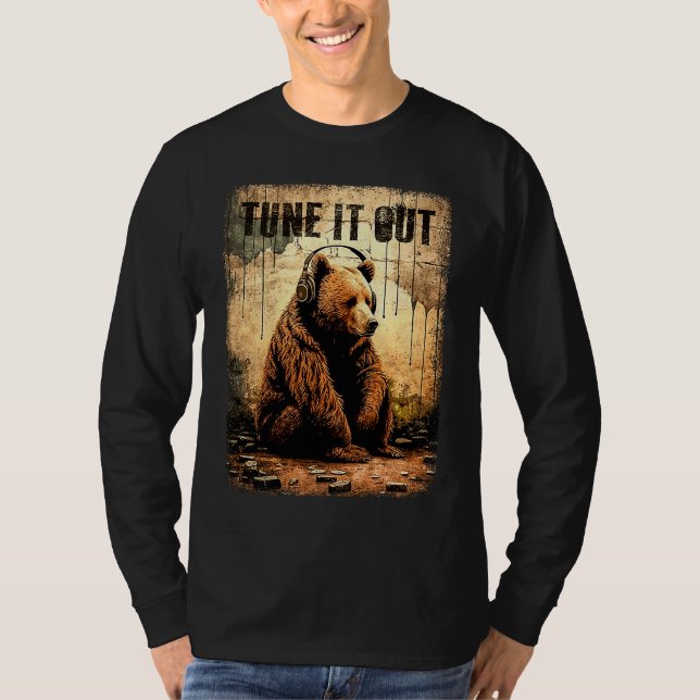 Camiseta Ajuste Para fora Urso Pardo Com Fones de Ouvido Gr (Frente)