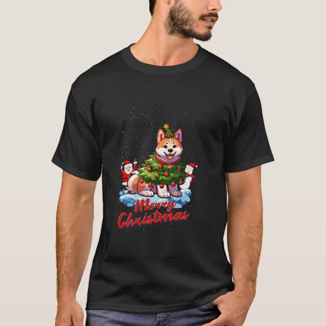 Camiseta Akita Inu Feliz Árvore De Natal Cão X Mas Do (Frente)