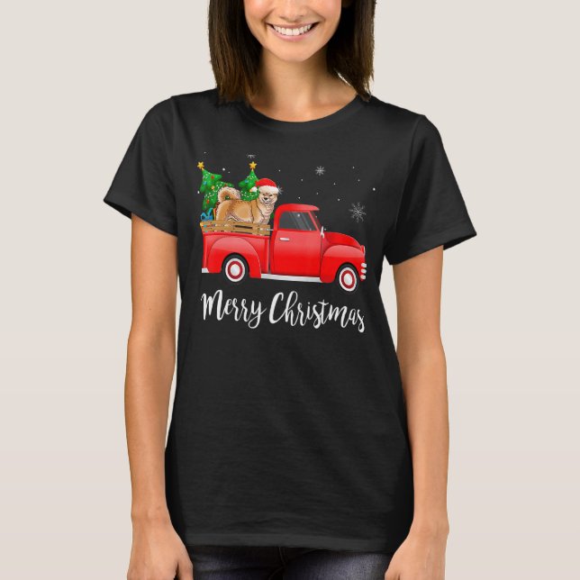 Camiseta Akita Inu Red Truck Árvore de Natal (Frente)