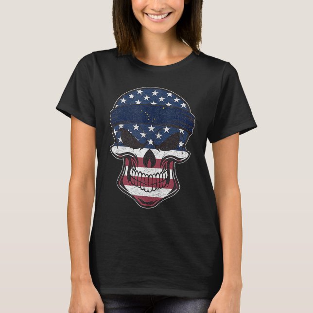 Camiseta Alaska American Flag Skull  State Flag Alaska Root (Frente)