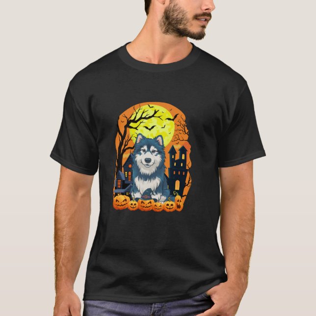 Camiseta Alaskan Malamute Dog Com Pumpkins Assustando Hallo (Frente)