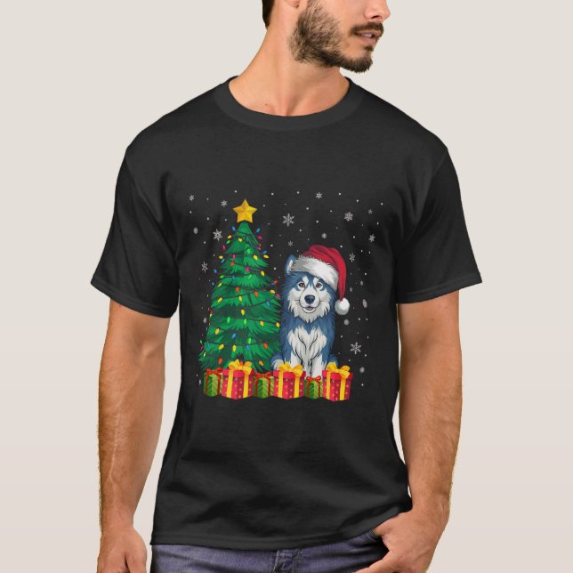 Camiseta Alaskan Malamute Santa Hat Luzes De Natal D (Frente)
