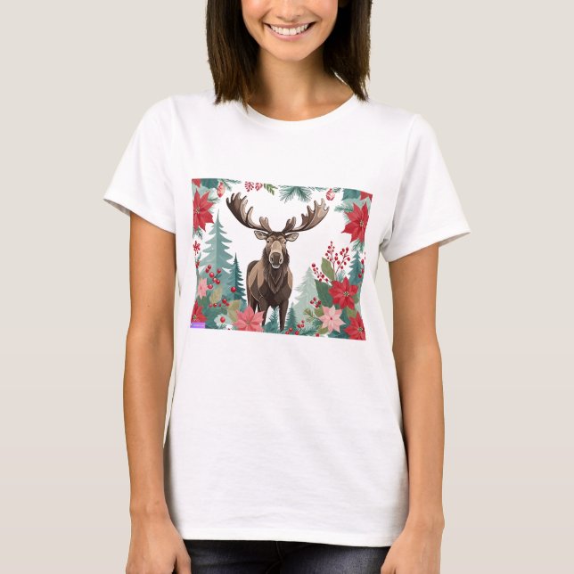 Camiseta Alce de Natal e Poinsettias (Frente)