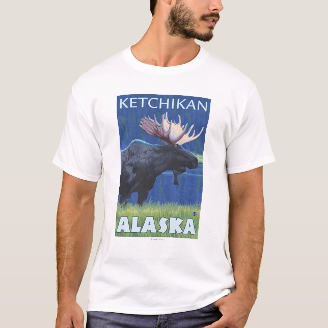 Camiseta Alces na noite - Ketchikan, Alaska (Frente)