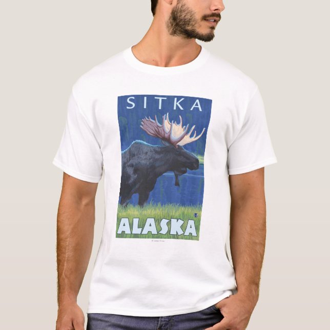 Camiseta Alces na noite - Sitka, Alaska (Frente)