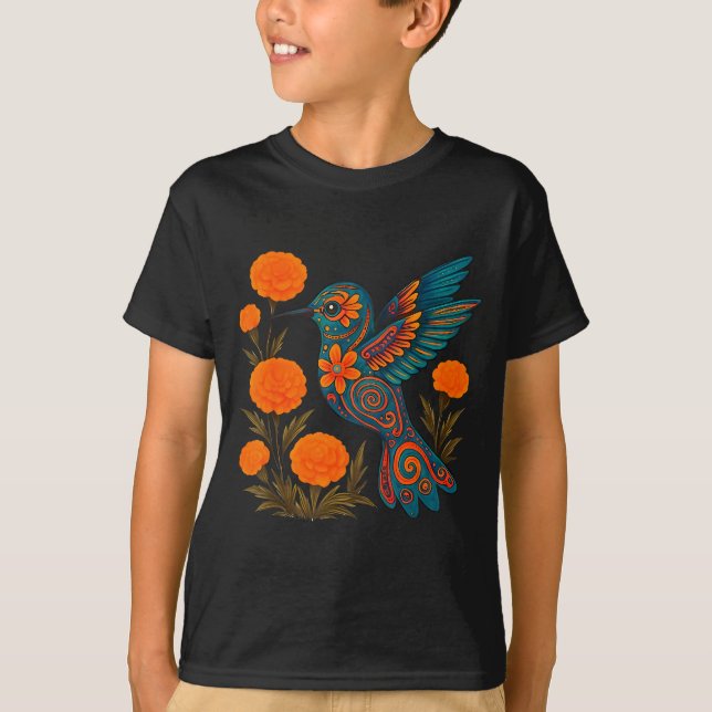 Camiseta Alebrije Hummingbird Flower Mexican Folk Art Bird  (Frente)