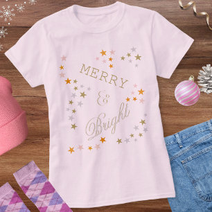 Camiseta Alegre e Brilhante Estrelas Falsas de Ouro e Prata