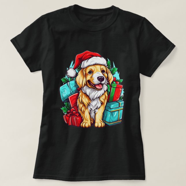 Camiseta Alegria de Natal com Ouros-retristas Cão Festivo L (Frente do Design)