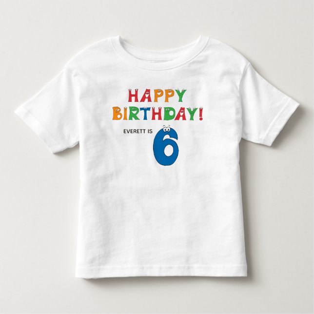 Camiseta Alfabeto Colorido de 6º Aniversário com Primeiro N (Frente)