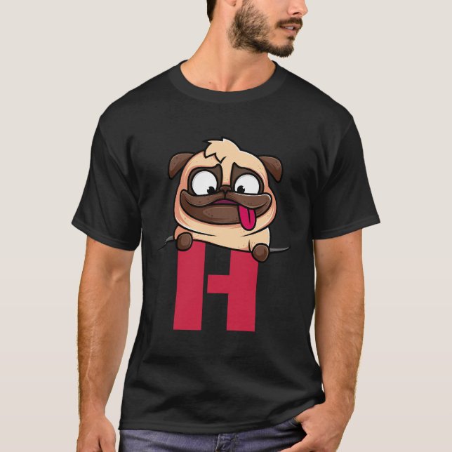 Camiseta alfabeto Cute Pug, letra H, alfabeto do cão Ativo (Frente)