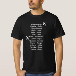 Camiseta Alfabeto Fonético e Aviões
