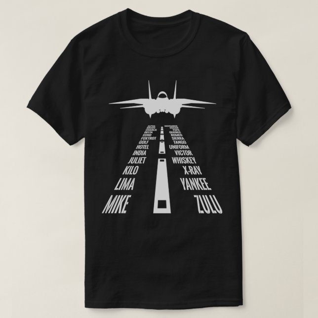Camiseta Alfabeto Fonético Voador F14 Tomcat (Frente do Design)