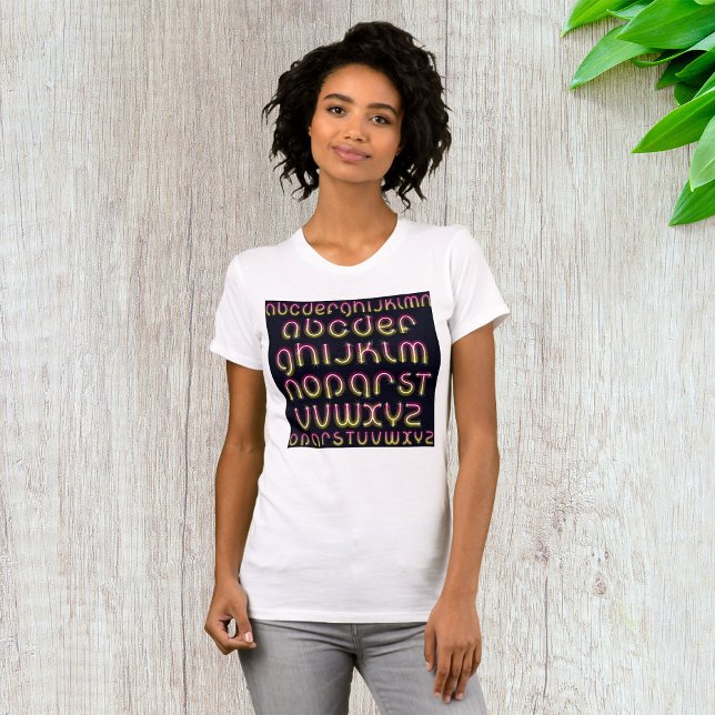 Camiseta Alfabeto Neon Retro dos Anos 80 Rosa e Amarelo (Criador carregado)