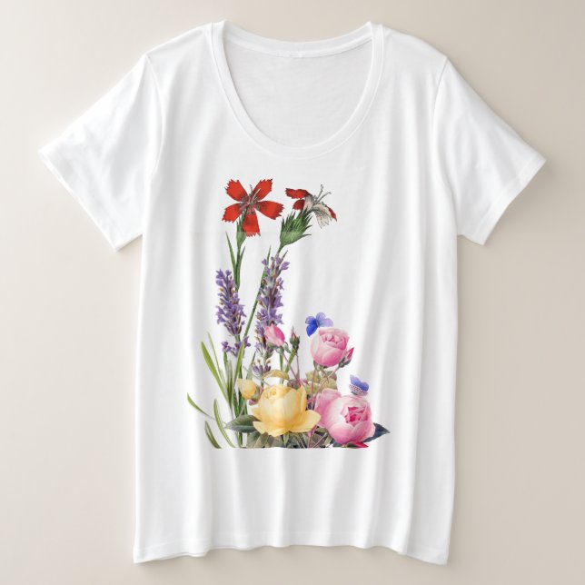 Camiseta ALGODÃO MAIS TAMANHO DAS FLORES DE Camiseiros T (Frente do Design)