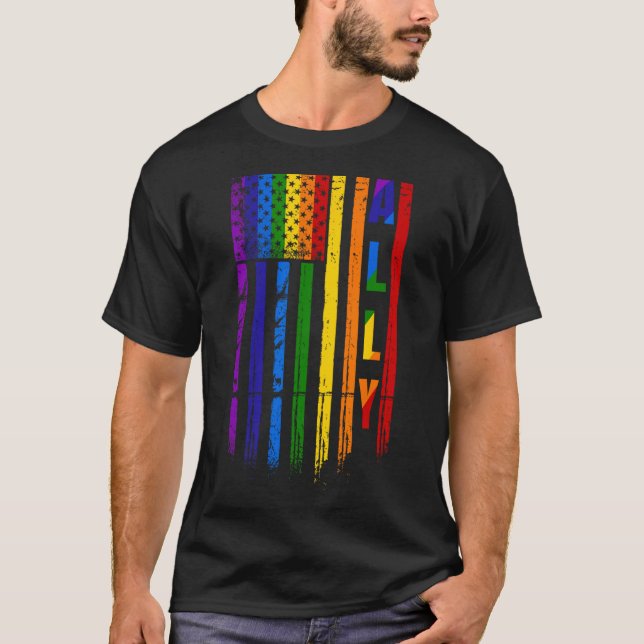 Camiseta Aliado Lgbt Lgbtq Arco-íris Orgulho Bandeira Ameri (Frente)
