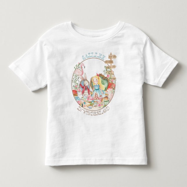Camiseta Alice Adventures em Woderland Birthday Tea Party (Frente)