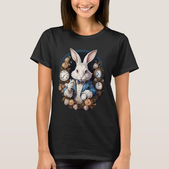 Camiseta Alice no Coelho Branco em Relógios e rosas (Frente)