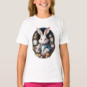 Camiseta Alice no Coelho Branco em Relógios e rosas