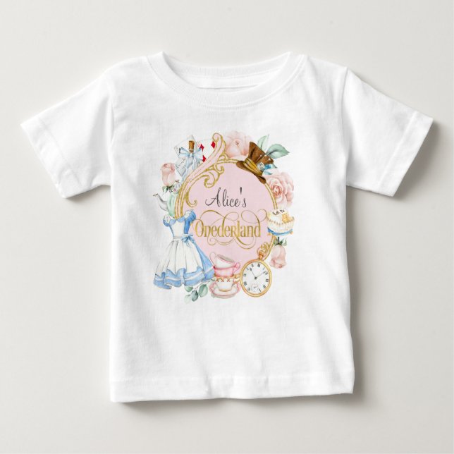 Camiseta Alice no País das Neves, primeiro aniversario-bebê (Frente)