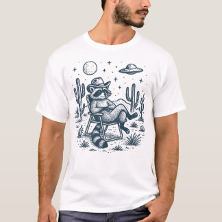 Camiseta Alien Cowboy Raccoon Desert Night UFO Illustration