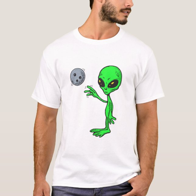 Camiseta aliena que joga boliche (Frente)