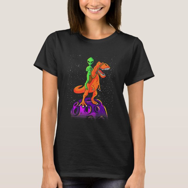 Camiseta Alienígena Andando Dinossauro T Rex Crianças Rapaz (Frente)