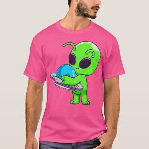 Camiseta Alienígena Bonita Abraçando Um Cartoon Ufo.