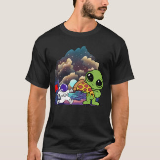 Camiseta Alienígena com pizza na paisagem cósmica