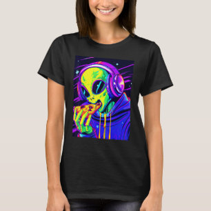 Camiseta Alienígena Comendo Pizza Estilo de Onda Sintética