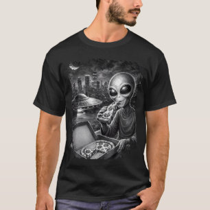 Camiseta Alienígena Comendo Pizza Ufo Telhado Cidade