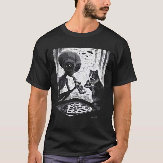 Camiseta Alienígena E Gato Comendo Pizza Engraçada Comida D (Frente)