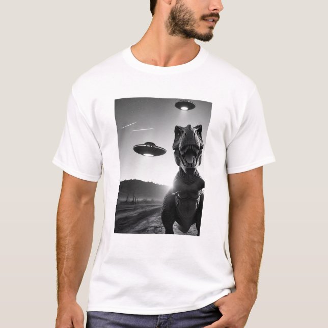 Camiseta Alienígena engraçada Dinossaur UFO Dinossaur Selfi (Frente)