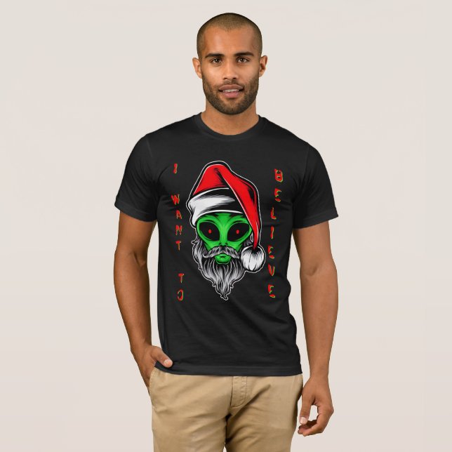 Camiseta Alienígena Engraçada Natal Papai Noel, Eu Quero Ac (Frente Completa)