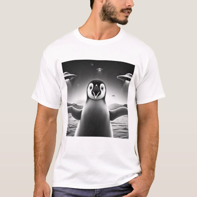 Camiseta Alienígena Engraçada, UFO Penguin Selfie, com OVNI (Frente)