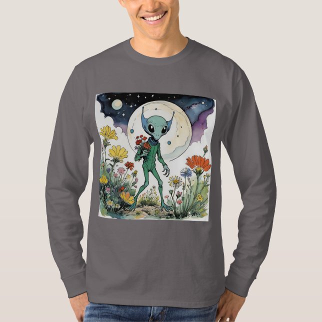 Camiseta Alienígena Engraçado Colhendo Flores Com Lua Cheia (Frente)