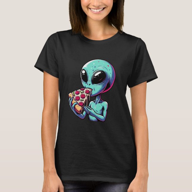 Camiseta Alienígena Engraçado Comendo Pizza Comida Italiana (Frente)