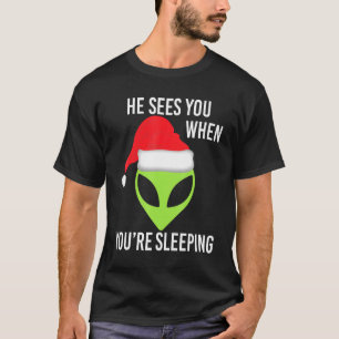 Camiseta Alienígena Espacial Verde Cabeça Natal Santa Hat U