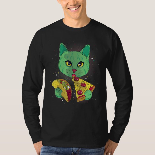 Camiseta Alienígena Gato Engraçado Comer Pizza Taco Espaço  (Frente)