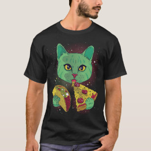 Camiseta Alienígena Gato Engraçado Comer Pizza Taco Espaço