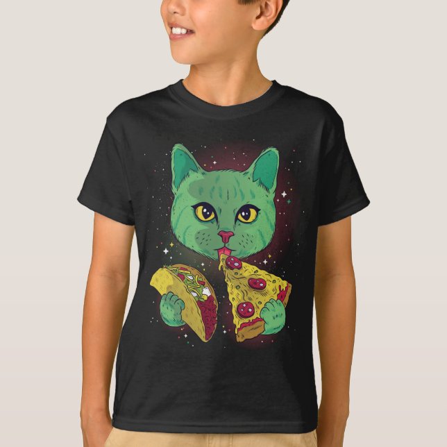 Camiseta Alienígena Gato Engraçado Comer Pizza Taco Espaço  (Frente)