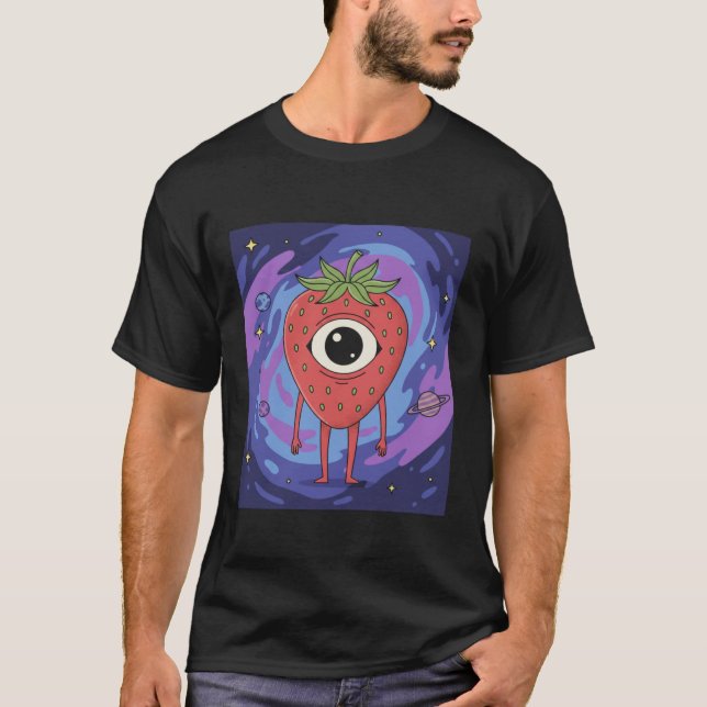 Camiseta Alienígena Morango Cósmico – Fruta de Ficção Cient (Frente)