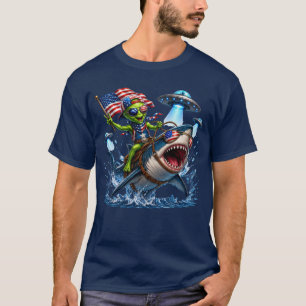 Camiseta Alienígena Patriótico Montando um Tubarão com OVNI
