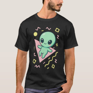 Camiseta Alienígena Retro Kawaii em Fundo Geométrico