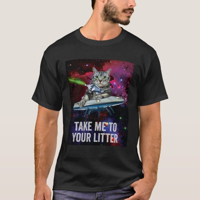 Camiseta Alienígena Space Cat Leva-me ao seu Litro (Frente)