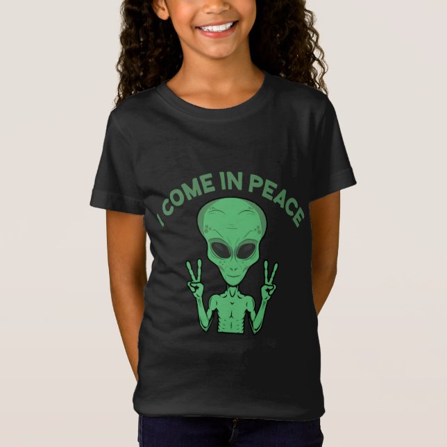Camiseta Alienígena Verde Eu Vim Em Paz OVNI Extraterrestre (Frente)